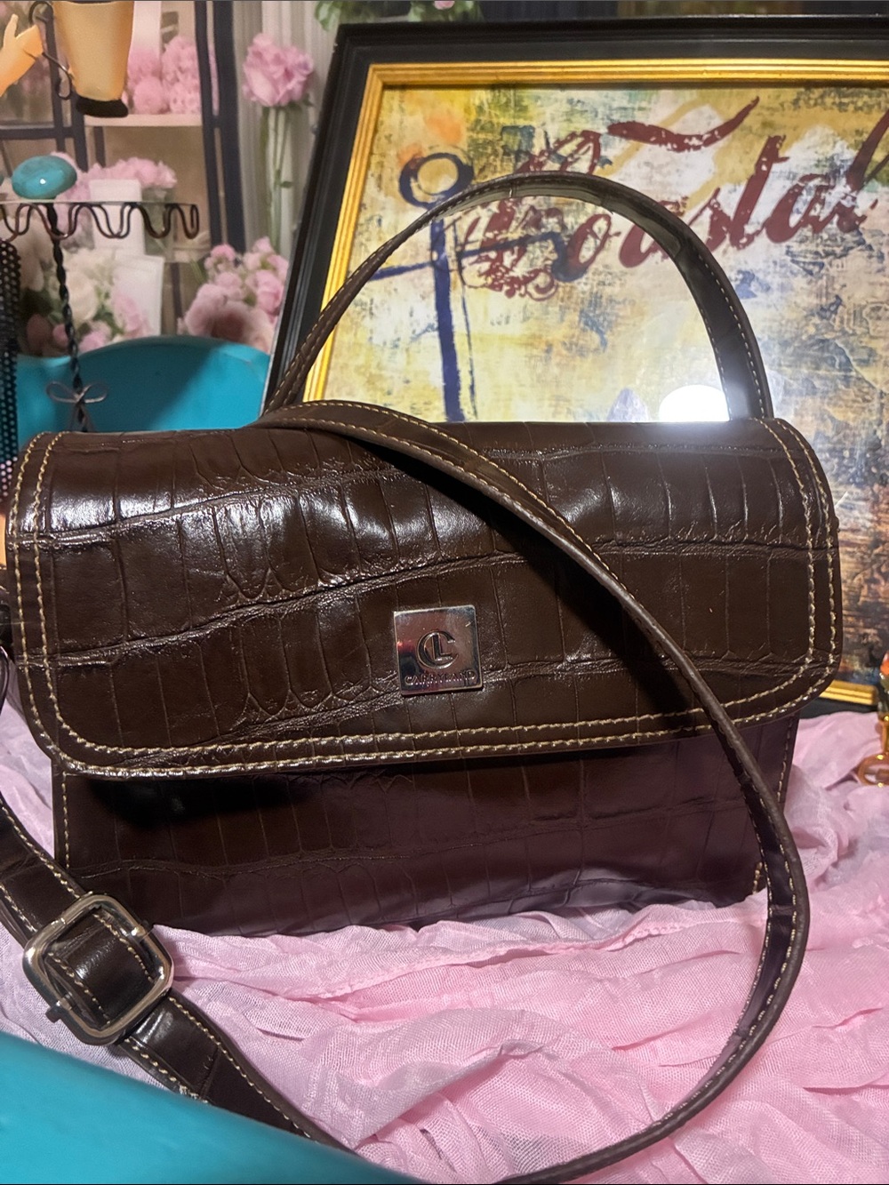 Vintage Carryland Dark Brown Croc-Embossed Satchel Shoulder Bag